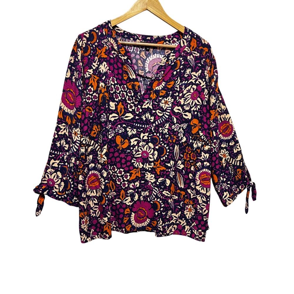 Rachel Zoe Womens Boho Cottage Chic Top 2X Purple Floral Rayon Tie‎ Sleeve Top